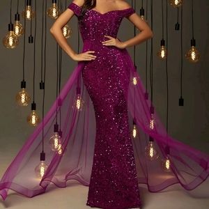 Hot pink dress M6 new off shoulder mesh panel  sequin formal dress